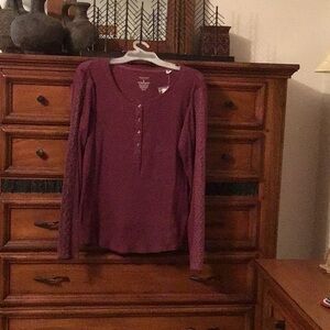 XL Women’s Burgandy Long Sleeve Striped Henley Top by Sonoma